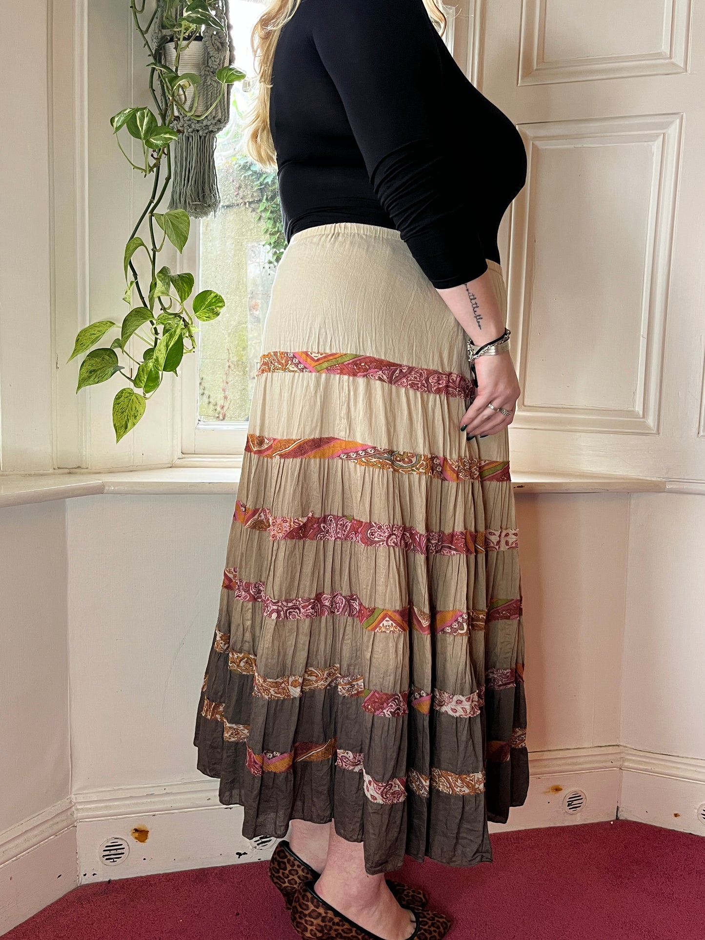 Vintage Brown Tiered Maxi Skirt - UK 24