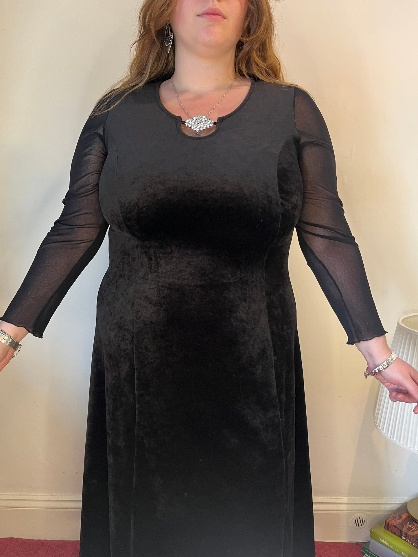 Vintage black velvet midi dress - UK 20
