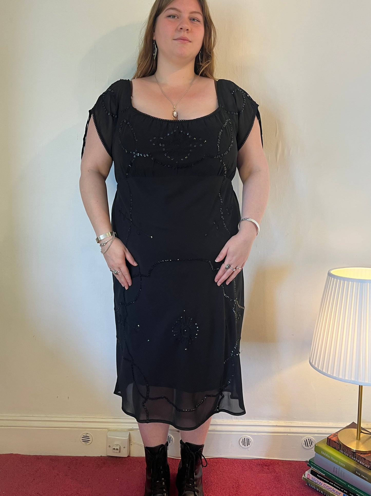 Vintage black sequin milkmaid dress - UK 26
