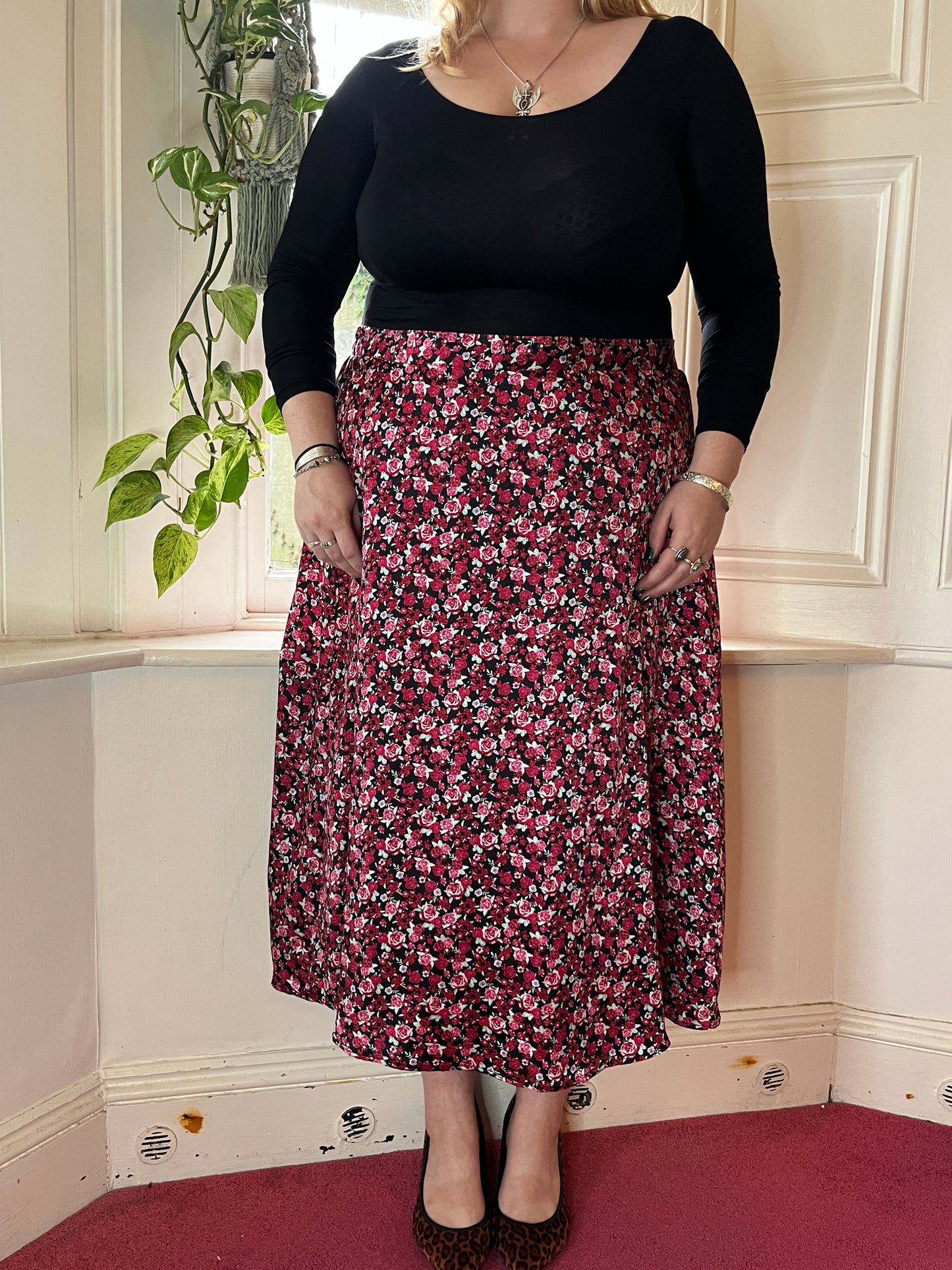 Vintage Red Floral Maxi Skirt - UK 26