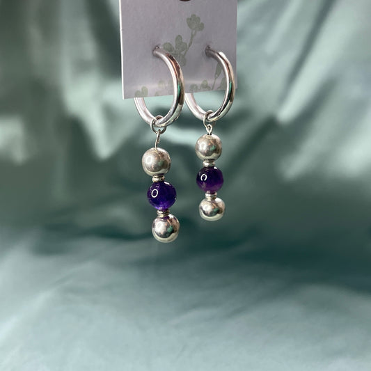 Silver Chunky Hoop Earrings With Silver and Amethyst Beads